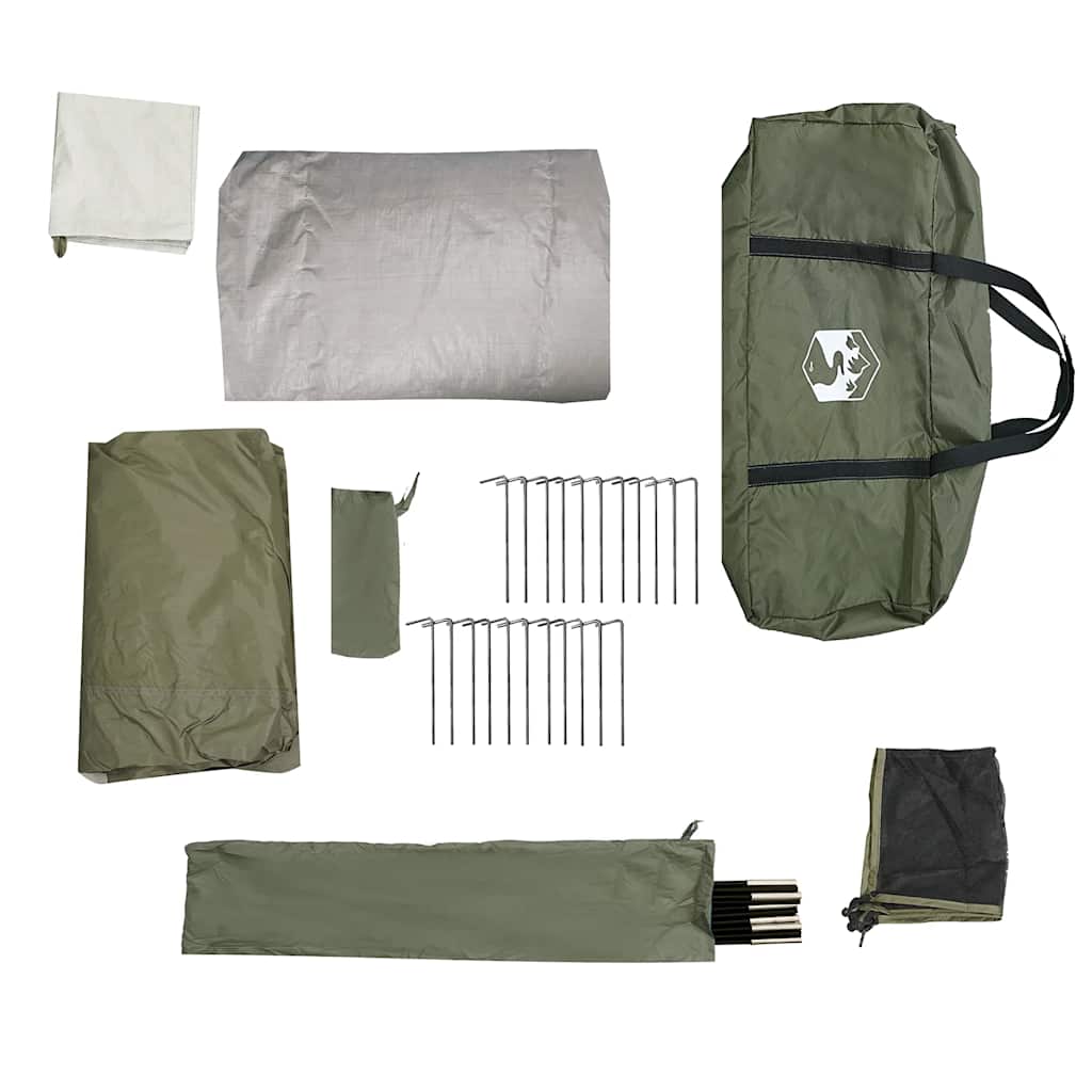 Detail van de vidaXL douchetent met accessoires, waaronder stokken en haringen in olijfgroen.