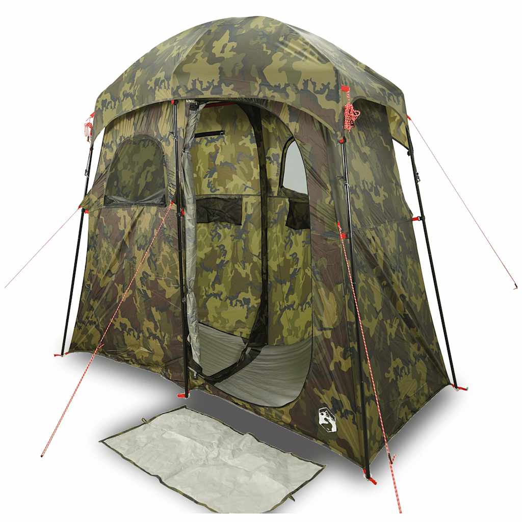 Zijaanzicht van de vidaXL douchetent in camouflage, met open deur en vloerzeil.
