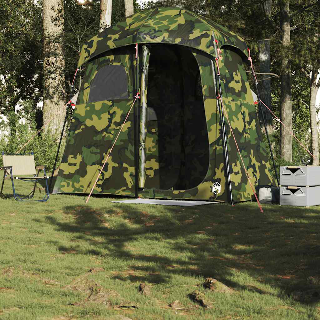 Detail van de vidaXL douchetent in camouflage, met open ingang en bevestigingslijnen.