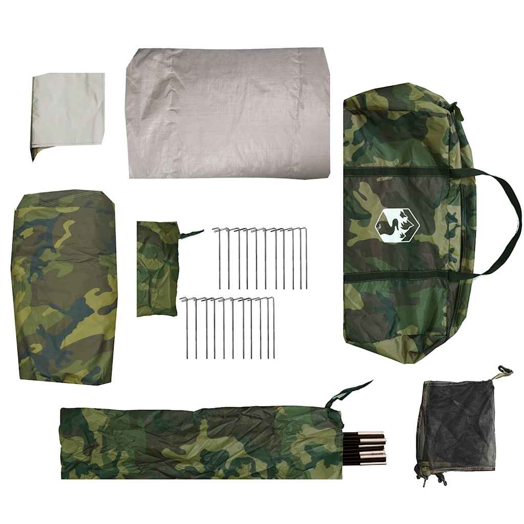 Detail van de vidaXL douchetent met camouflagepatroon en bijbehorende accessoires.
