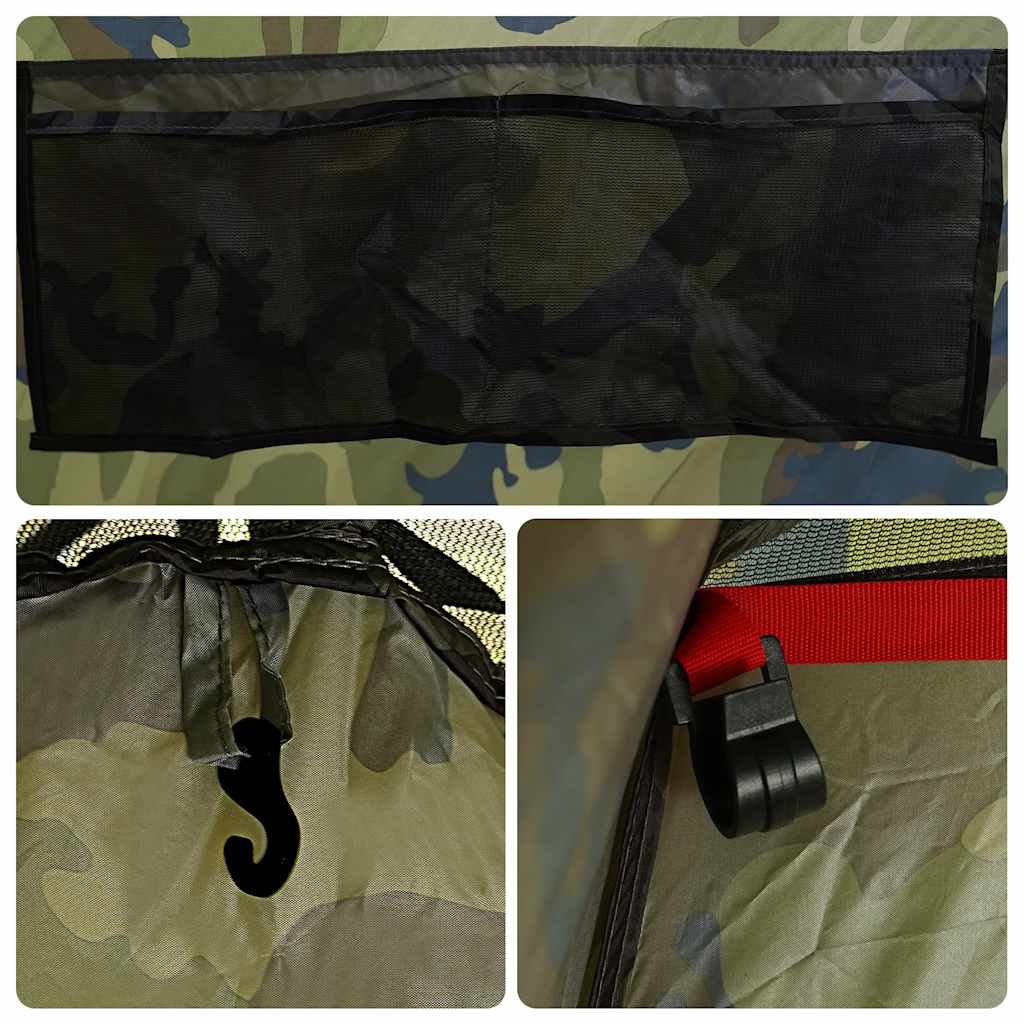 Detail van de vidaXL douchetent met camouflagepatroon en bevestigingshaken.