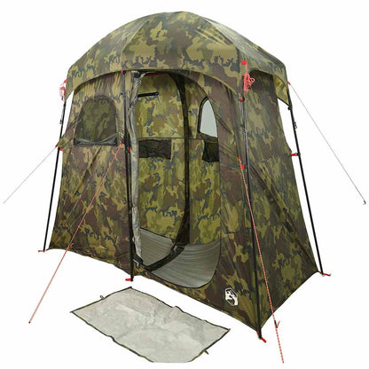 Zijaanzicht van de vidaXL douchetent in camouflage, met open rits en grondzeil.