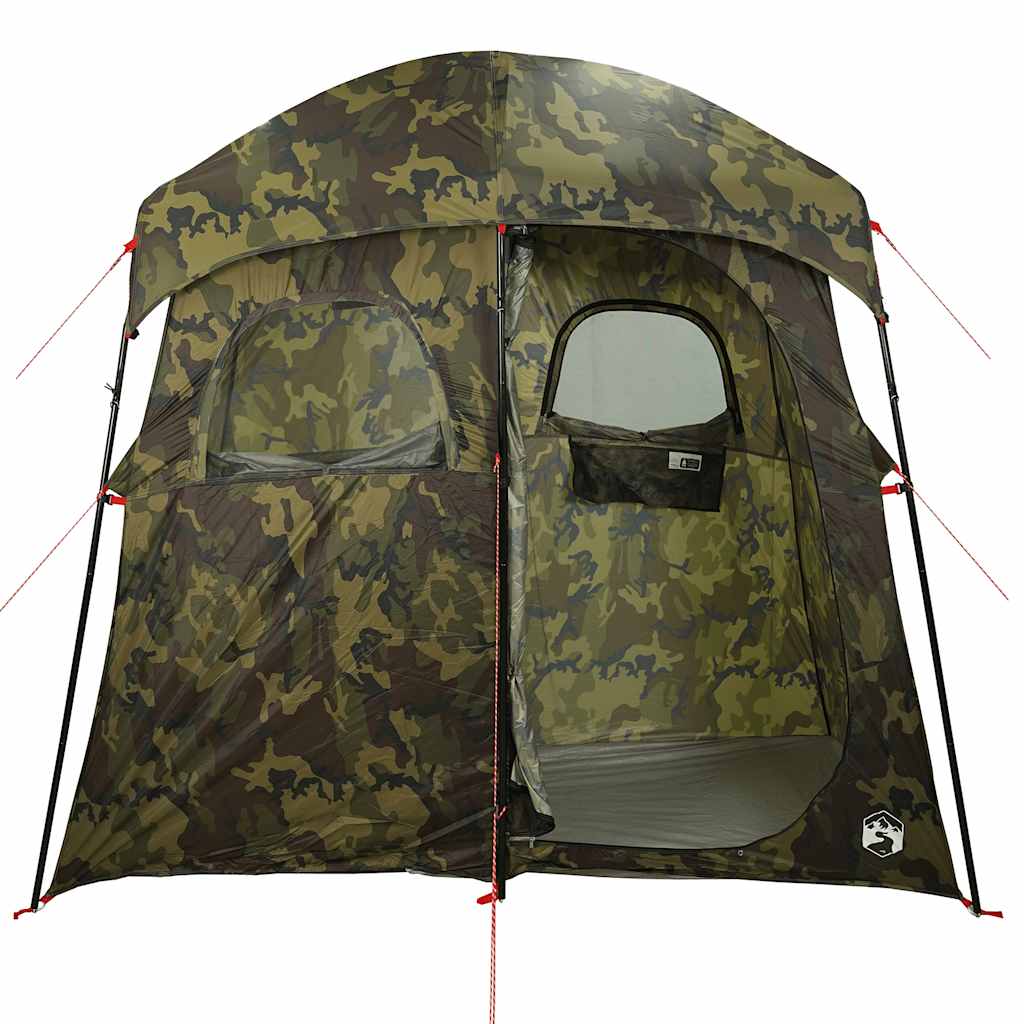 Detail van de vidaXL douchetent in camouflage, met zij- en vooraanzicht en ventilatierooster.