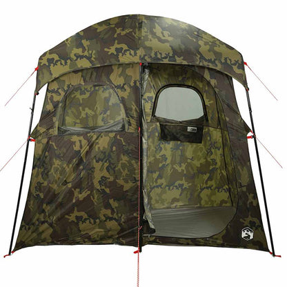 Detail van de vidaXL douchetent in camouflage, met zij- en vooraanzicht en ventilatierooster.