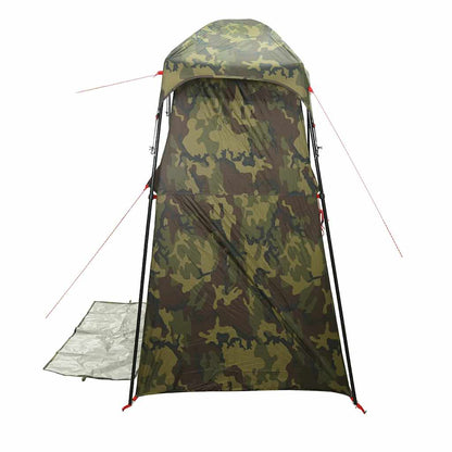 Zijaanzicht van de vidaXL douchetent in camouflage, met open deur en grondzeil.