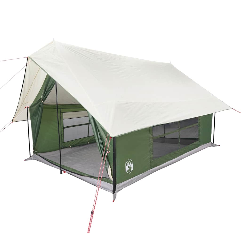 Zijaanzicht van de vidaXL 5-persoons tent in groen met open ingang en ventilatieroosters.