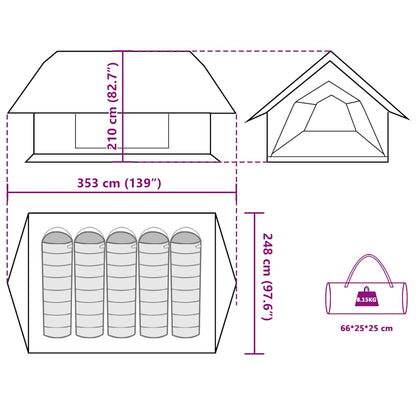 Detail van de tentafmetingen en draagtas van de vidaXL 5-persoons waterdichte tent.