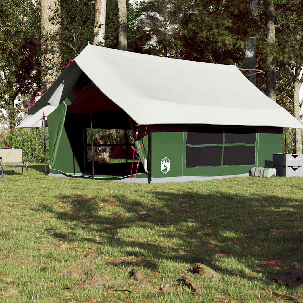 Detail van de vidaXL 5-persoons tent in groen met een grote luifel en ventilatieroosters.