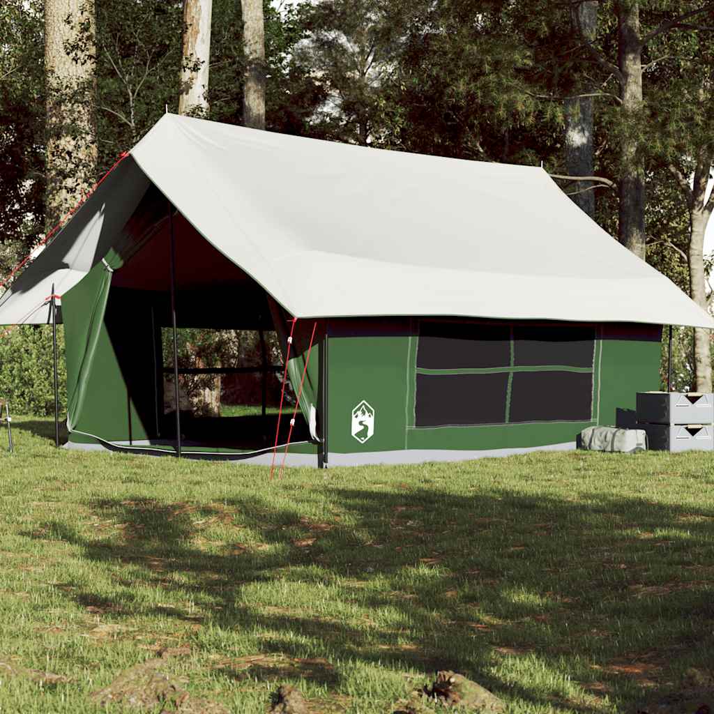VidaXL 5-persoons waterdichte tent in groen, zijaanzicht met open ingang en ventilatieroosters.