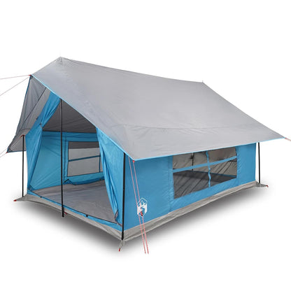 Zijaanzicht van de vidaXL 5-persoons tent in waterdicht blauw met openingen en ventilatie.