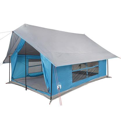 Zijaanzicht van de vidaXL 5-persoons tent in blauw met grijze details.