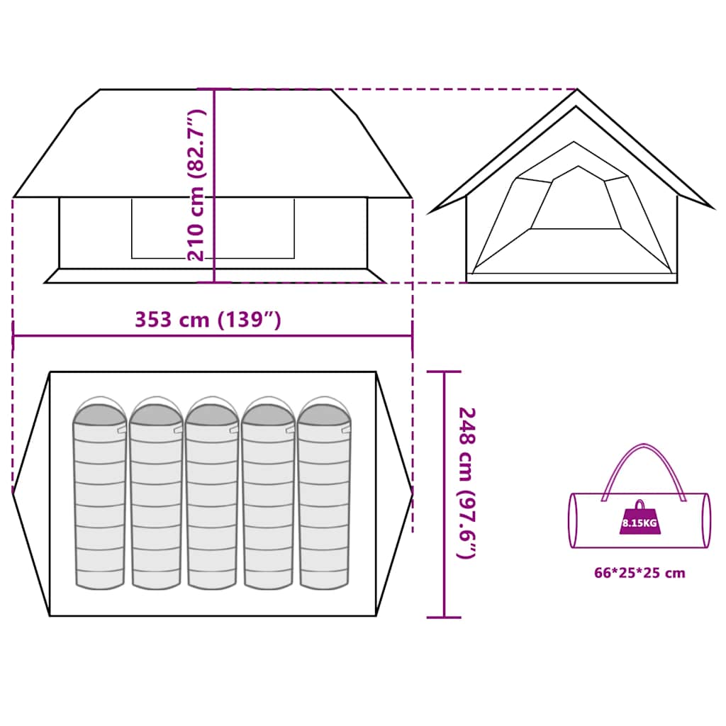 Detail van de afmetingen en kenmerken van de vidaXL 5-persoons tent in blauw.