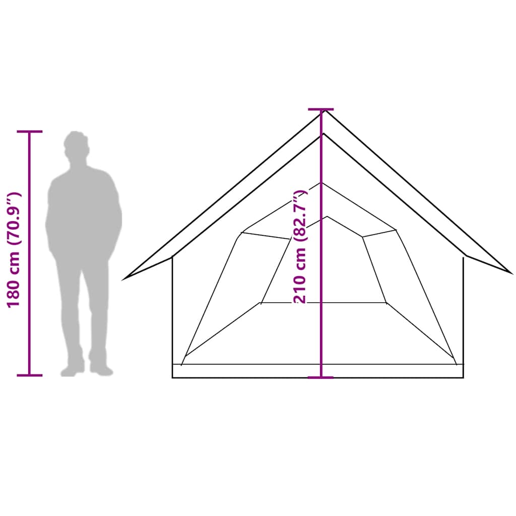 Detail van de vidaXL tent met afmetingen en een silhouet van een persoon voor schaal.