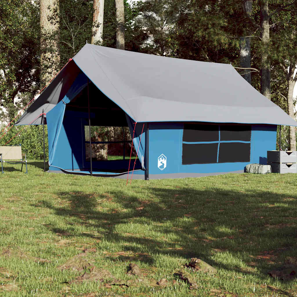 Zijaanzicht van de vidaXL 5-persoons tent in blauw met een grijze dakbedekking.