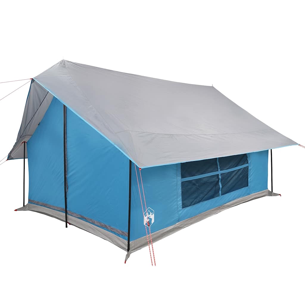 Zijaanzicht van de vidaXL 5-persoons tent in blauw met grijze bovenkant en grote ramen.