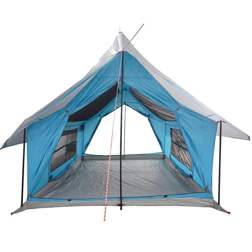 Zijaanzicht van de vidaXL 5-persoons tent in blauw, met open ingangen en ventilatieroosters.