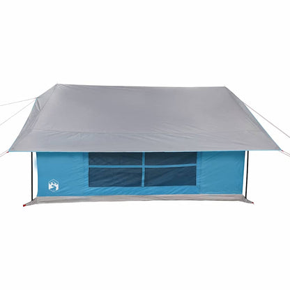 Detail van de vidaXL 5-persoons tent in blauw met grijze waterdichte bovenkant en grote ramen.