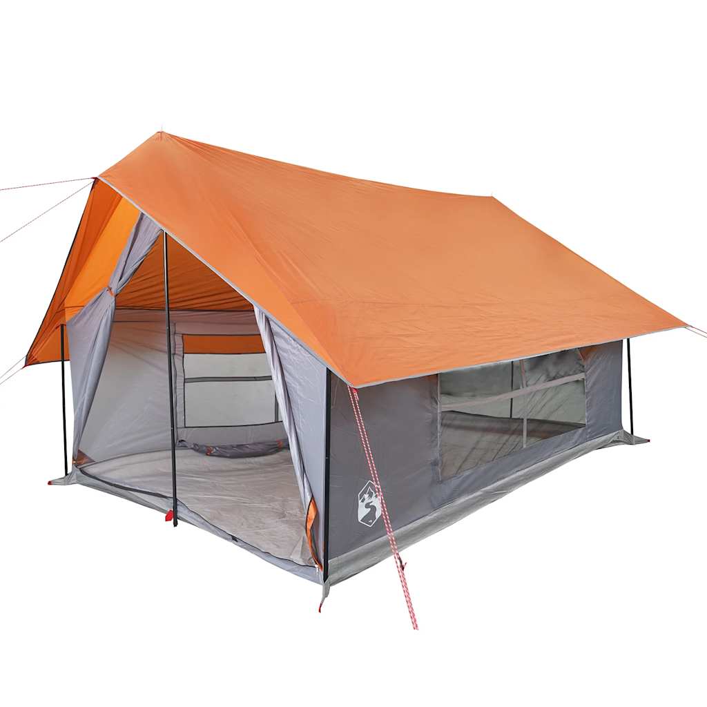 Zijaanzicht van de vidaXL 5-persoons tent in grijs en oranje met open gaaswanden.