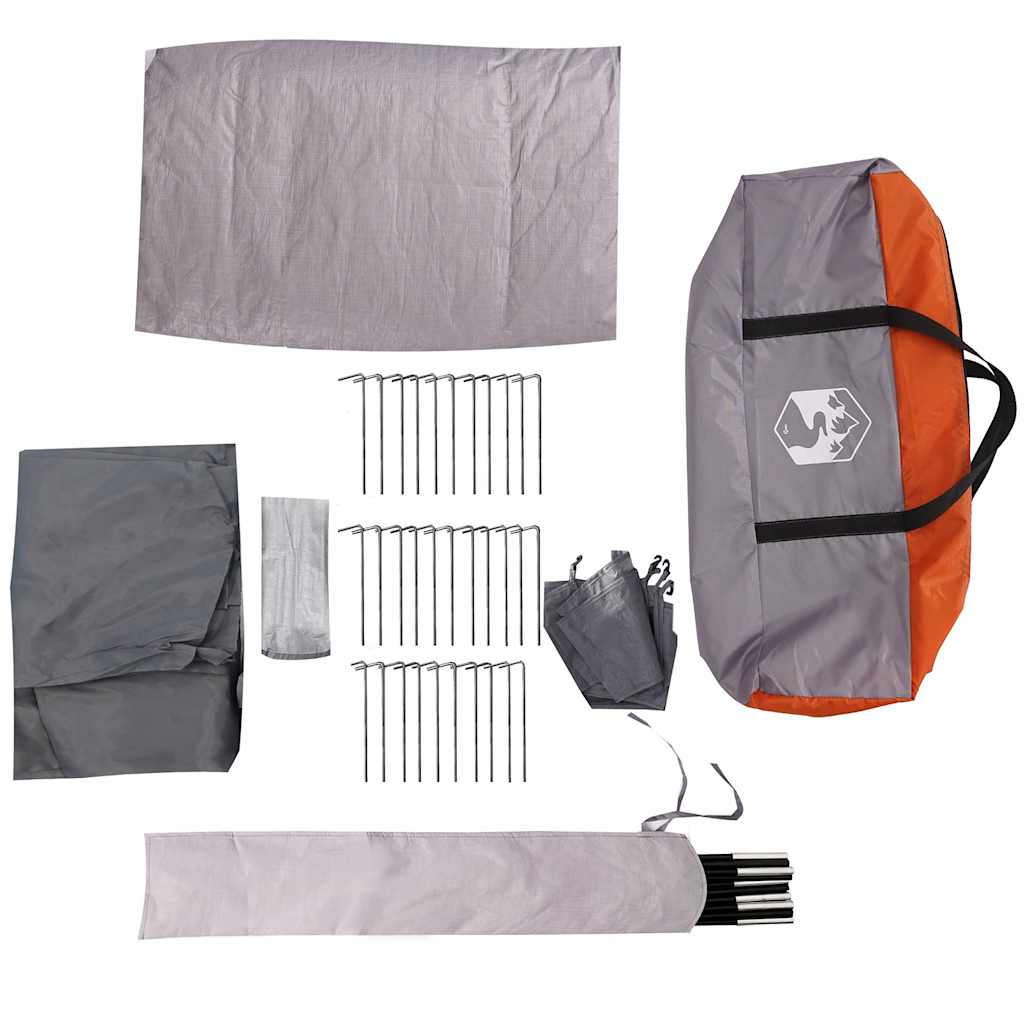 Detail van de tentonderdelen van de vidaXL 5-persoons tent in grijs en oranje.