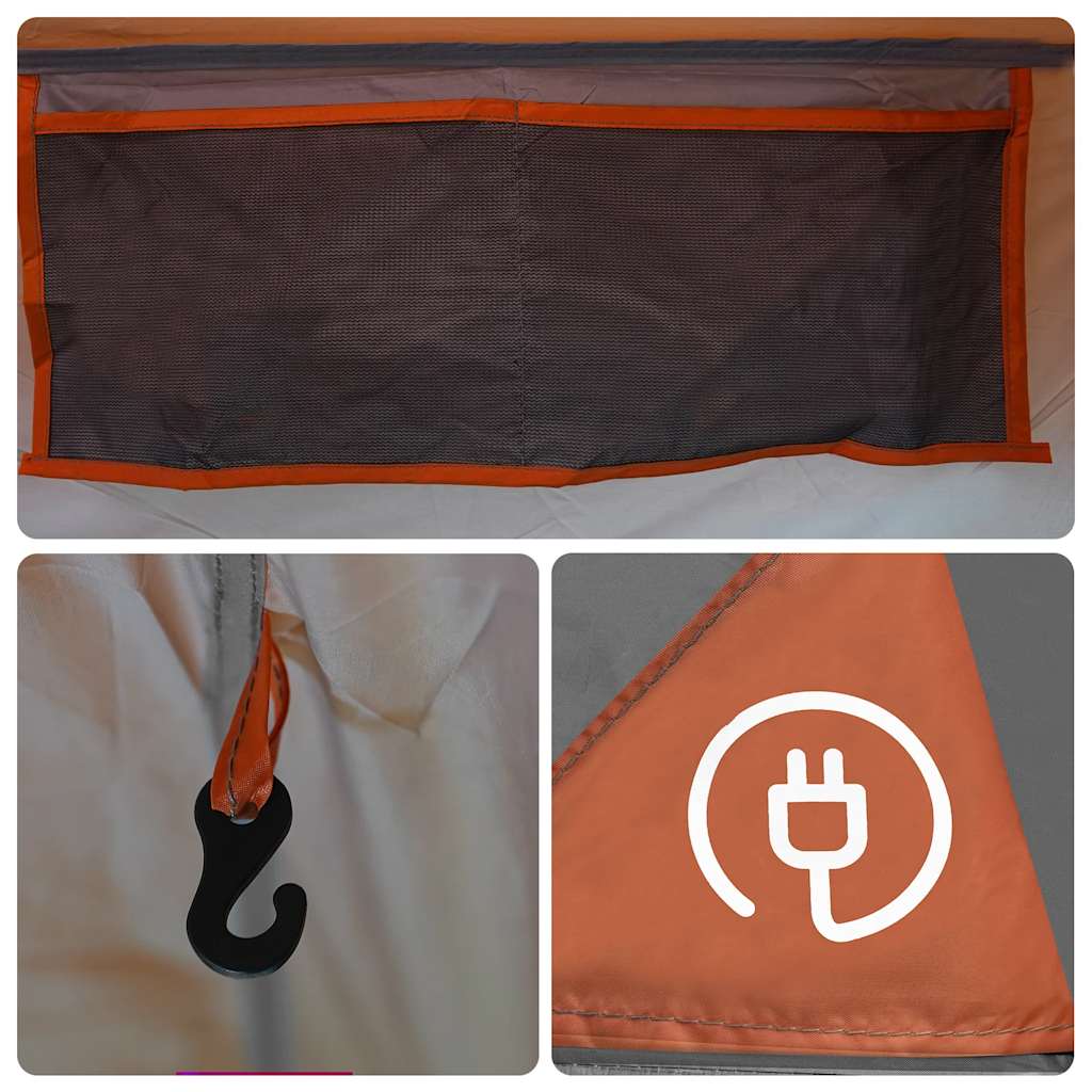 Detail van de grijze en oranje vidaXL tent met gaaswand en haak voor verlichting.