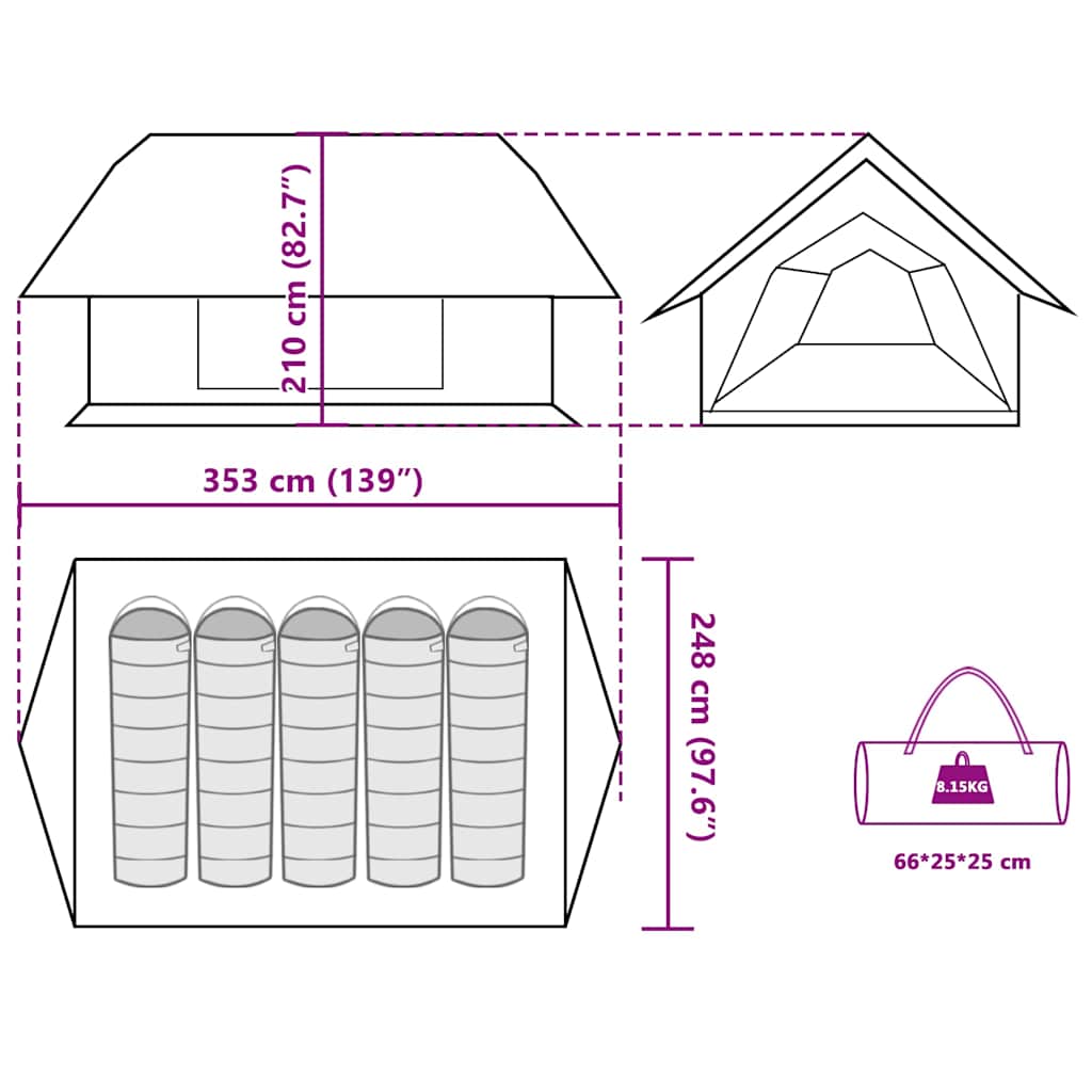 Technische tekening van de vidaXL 5-persoons tent met afmetingen en ontwerpdetails.