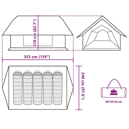 Technische tekening van de vidaXL 5-persoons tent met afmetingen en ontwerpdetails.