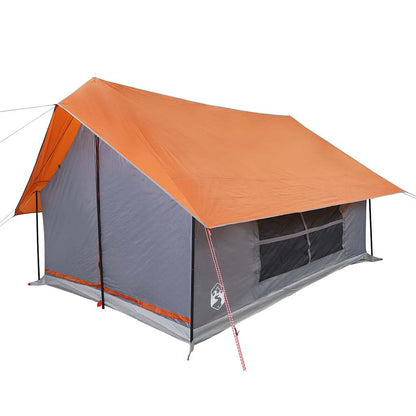 Zijaanzicht van de vidaXL 5-persoons tent in grijs en oranje met ventilatieroosters.