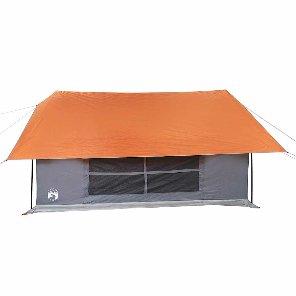 Detail van de vidaXL tent met grijze en oranje kleur, zicht op de voorzijde en gaasventilatie.