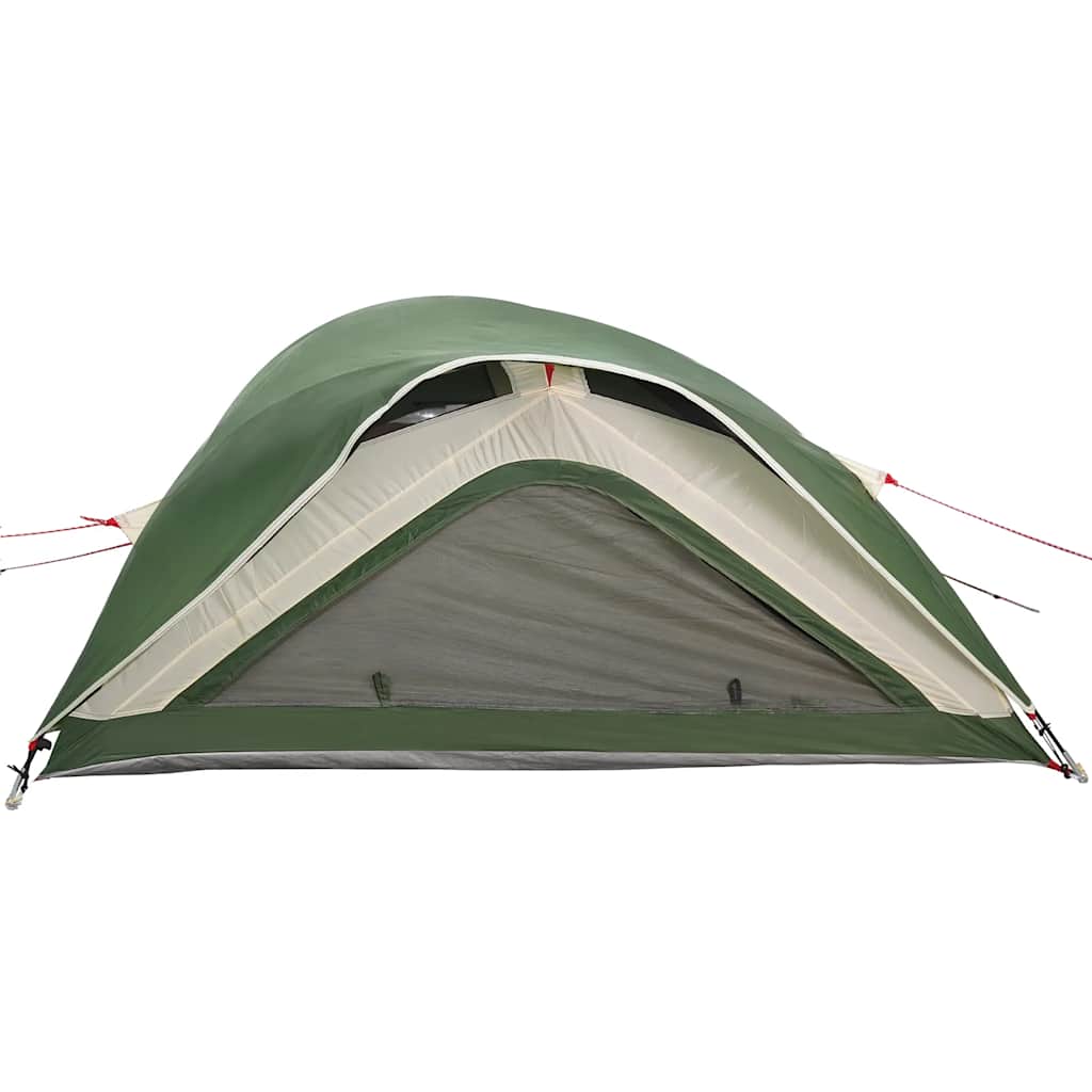Detail van de groene vidaXL 1-persoons tent met waterdichte bovenkant en ventilatierooster.