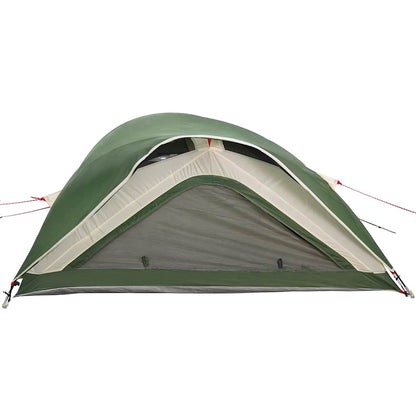 Detail van de groene vidaXL 1-persoons tent met waterdichte bovenkant en ventilatierooster.