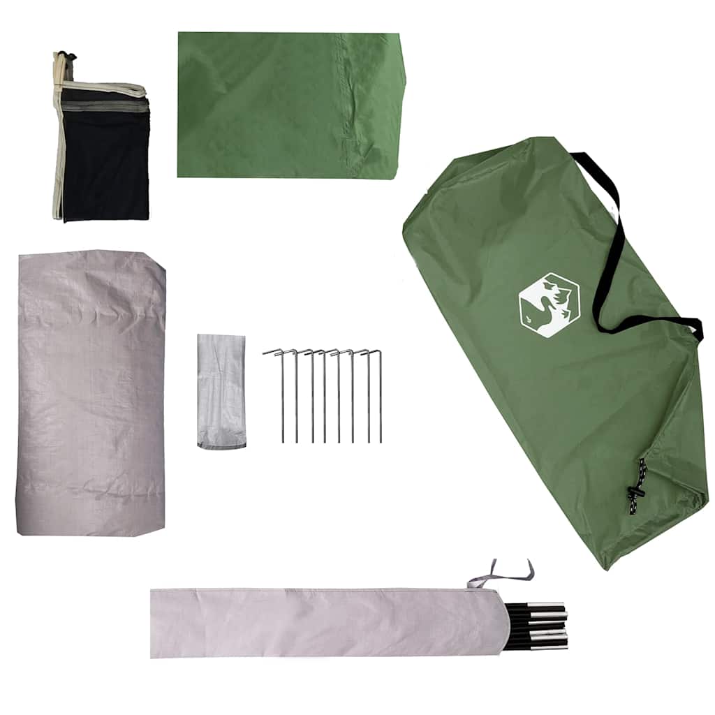 Detail van de groene vidaXL tent met stokken, haringen en draagtas.