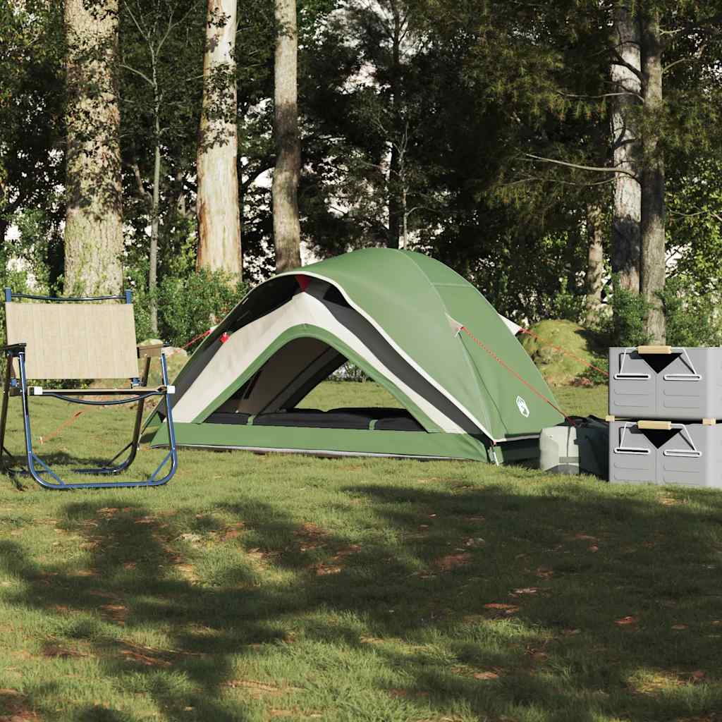 vidaXL 1-persoons tent in groen, waterdicht en opgezet op grasveld met campingstoel.