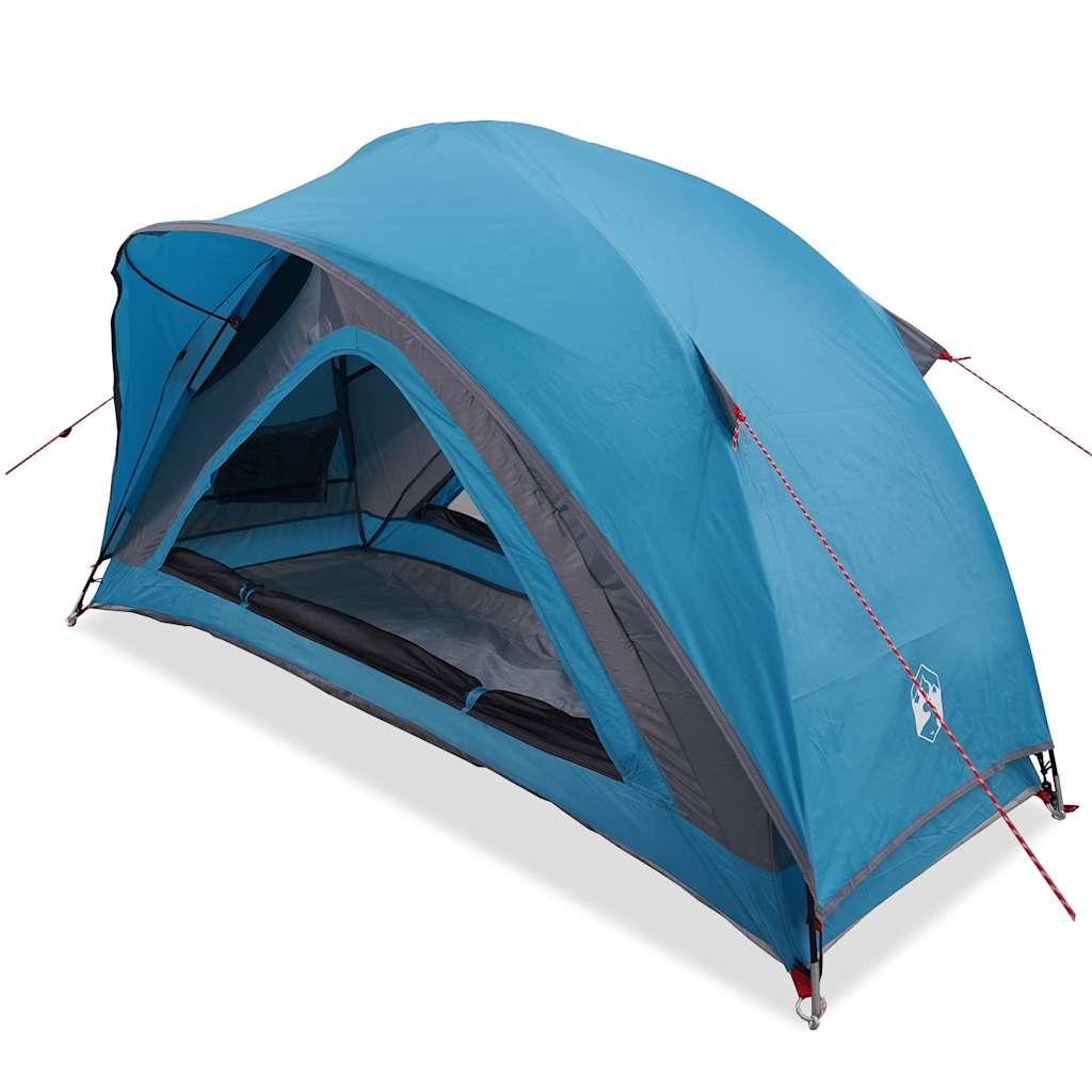 Zijaanzicht van de blauwe vidaXL 1-persoons tent met waterdicht ontwerp.