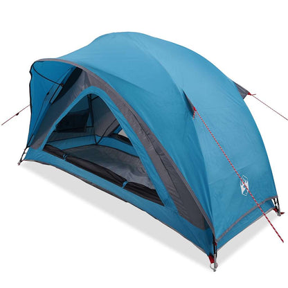 Zijaanzicht van de blauwe vidaXL 1-persoons tent met waterdicht ontwerp.