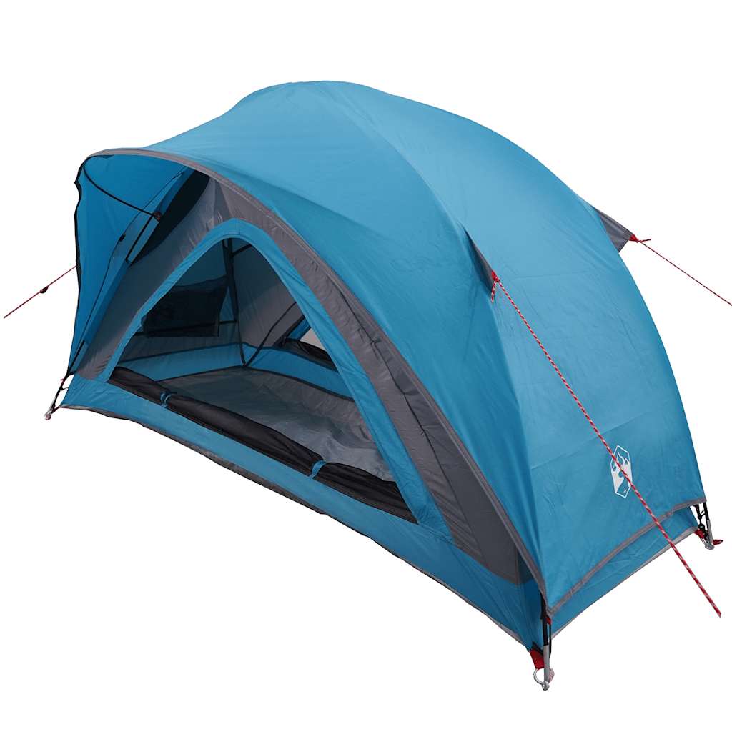 Zijaanzicht van de vidaXL 1-persoons waterdichte tent in blauw, met open ingang.