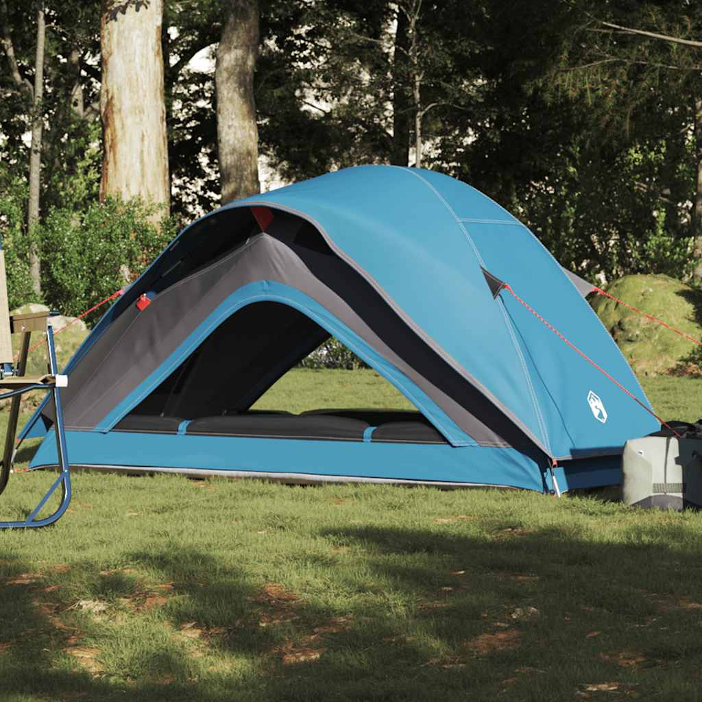 Zijaanzicht van de vidaXL 1-persoons tent in blauw, met waterdichte bescherming.