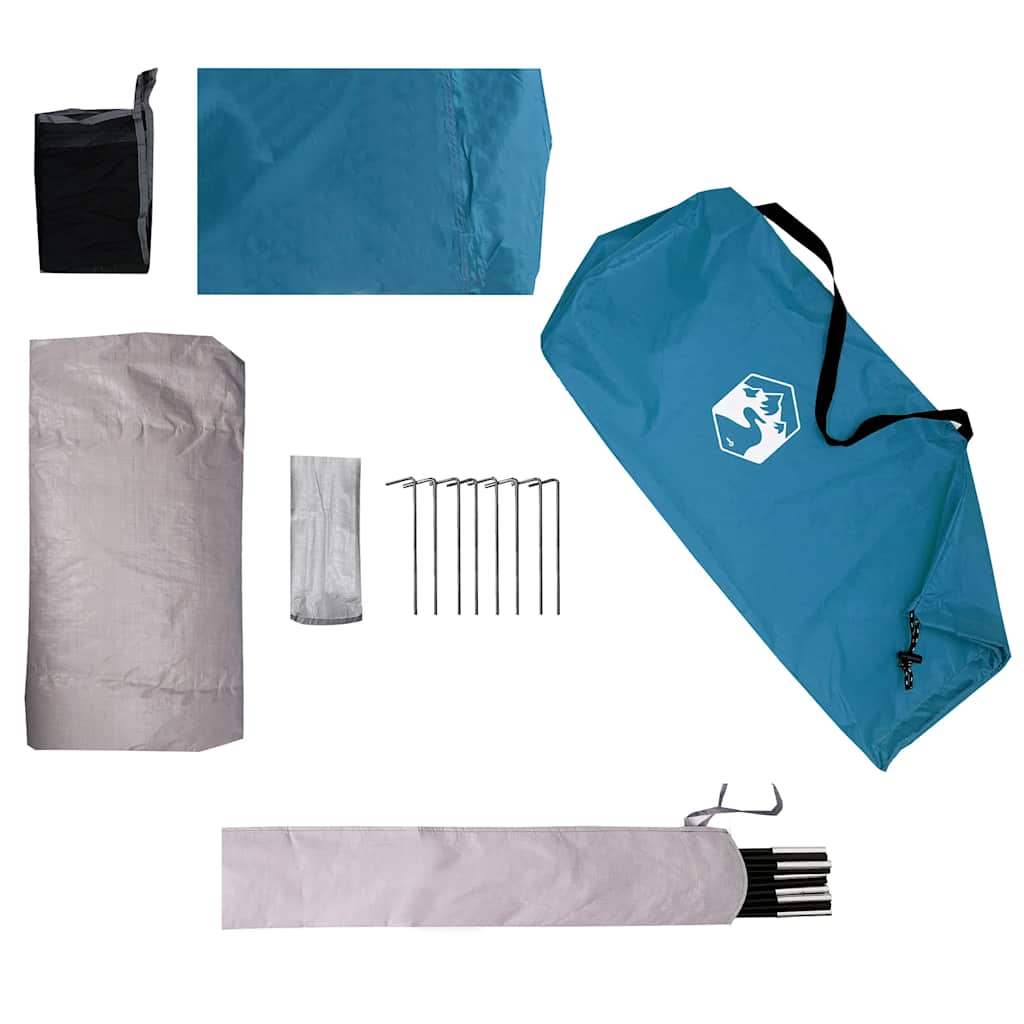 Detail van de vidaXL 1-persoons tent met opbergtas, haringen en tentstokken in blauw en grijs.