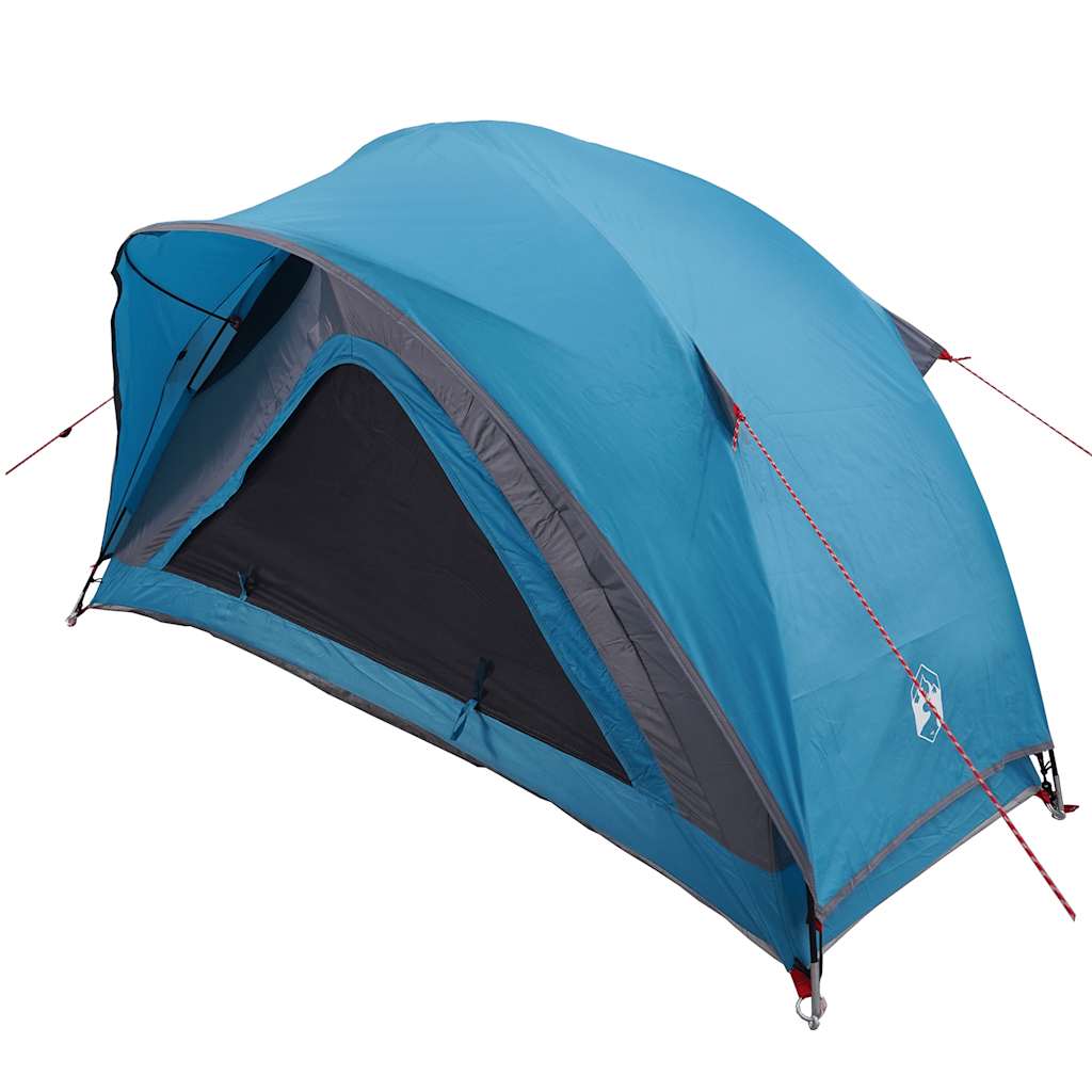 Detail van de vidaXL 1-persoons tent in blauw, met waterdicht ontwerp en zijaanzicht.