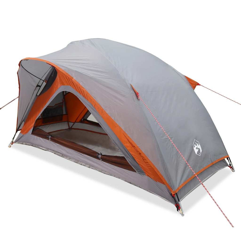 Detail van de vidaXL 1-persoons tent met grijs en oranje doek, zijaanzicht.