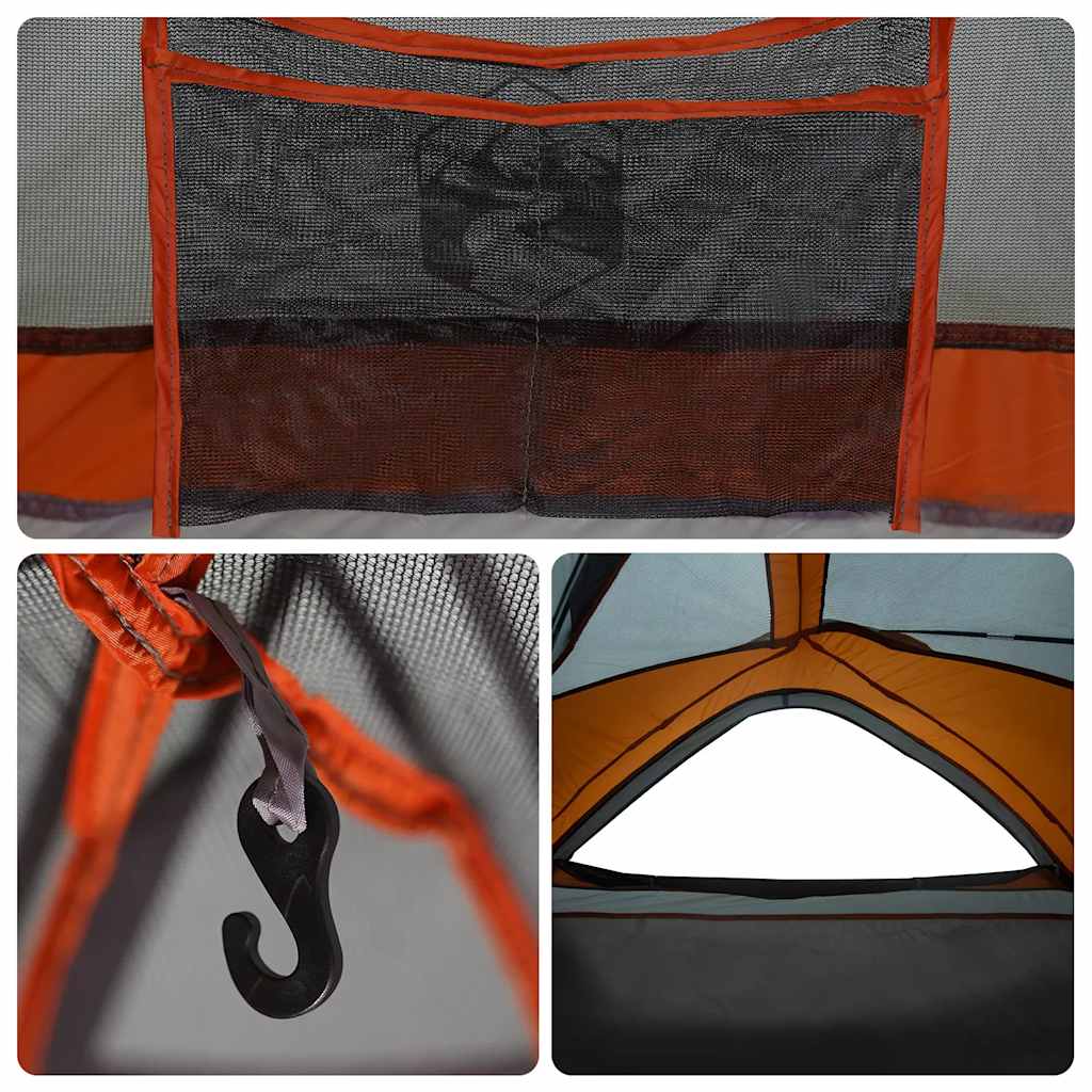 Detail van de grijze en oranje vidaXL tent met mesh vakken en haak voor verlichting.