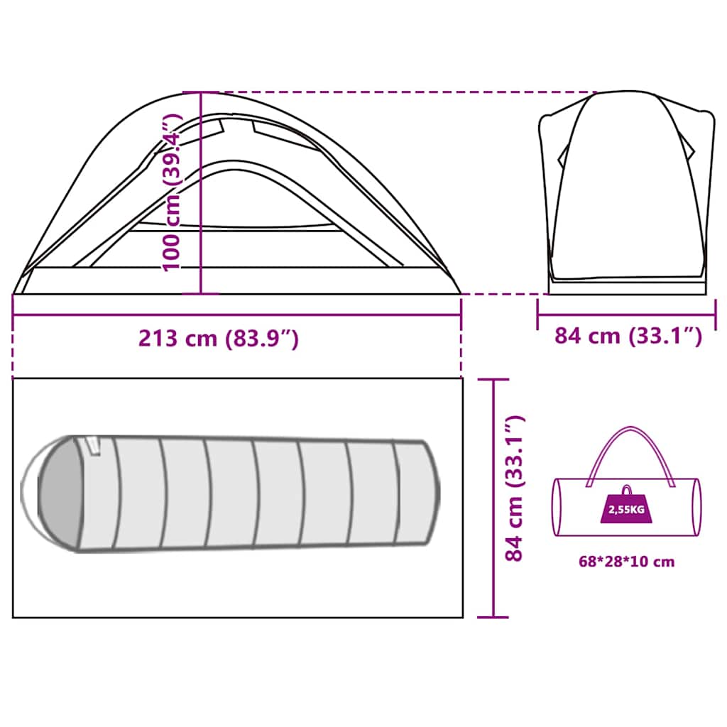 Detail van de afmetingen van de vidaXL 1-persoons tent in grijs en oranje.