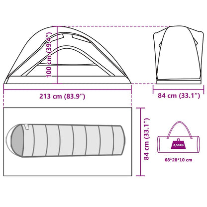 Detail van de afmetingen van de vidaXL 1-persoons tent in grijs en oranje.