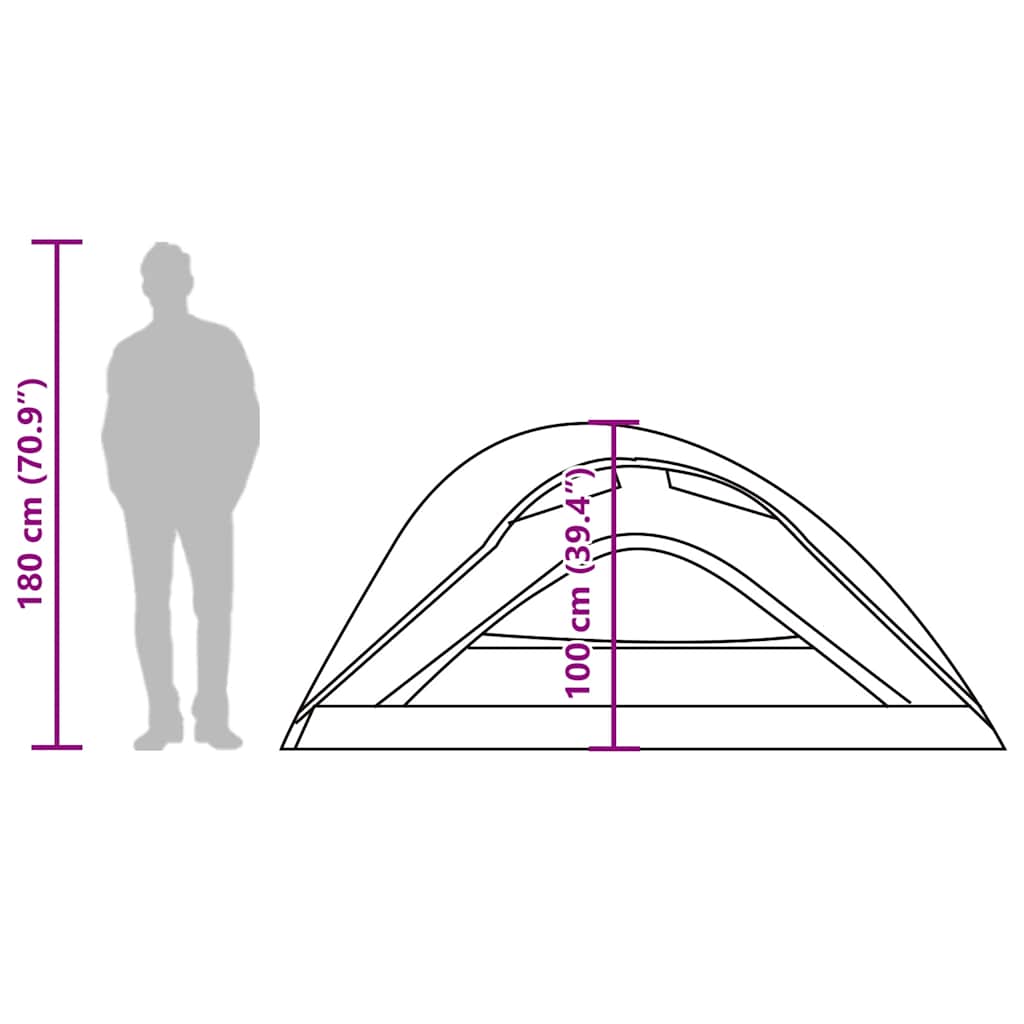 Zijaanzicht van de vidaXL 1-persoons tent met afmetingen en silhouet van een persoon.
