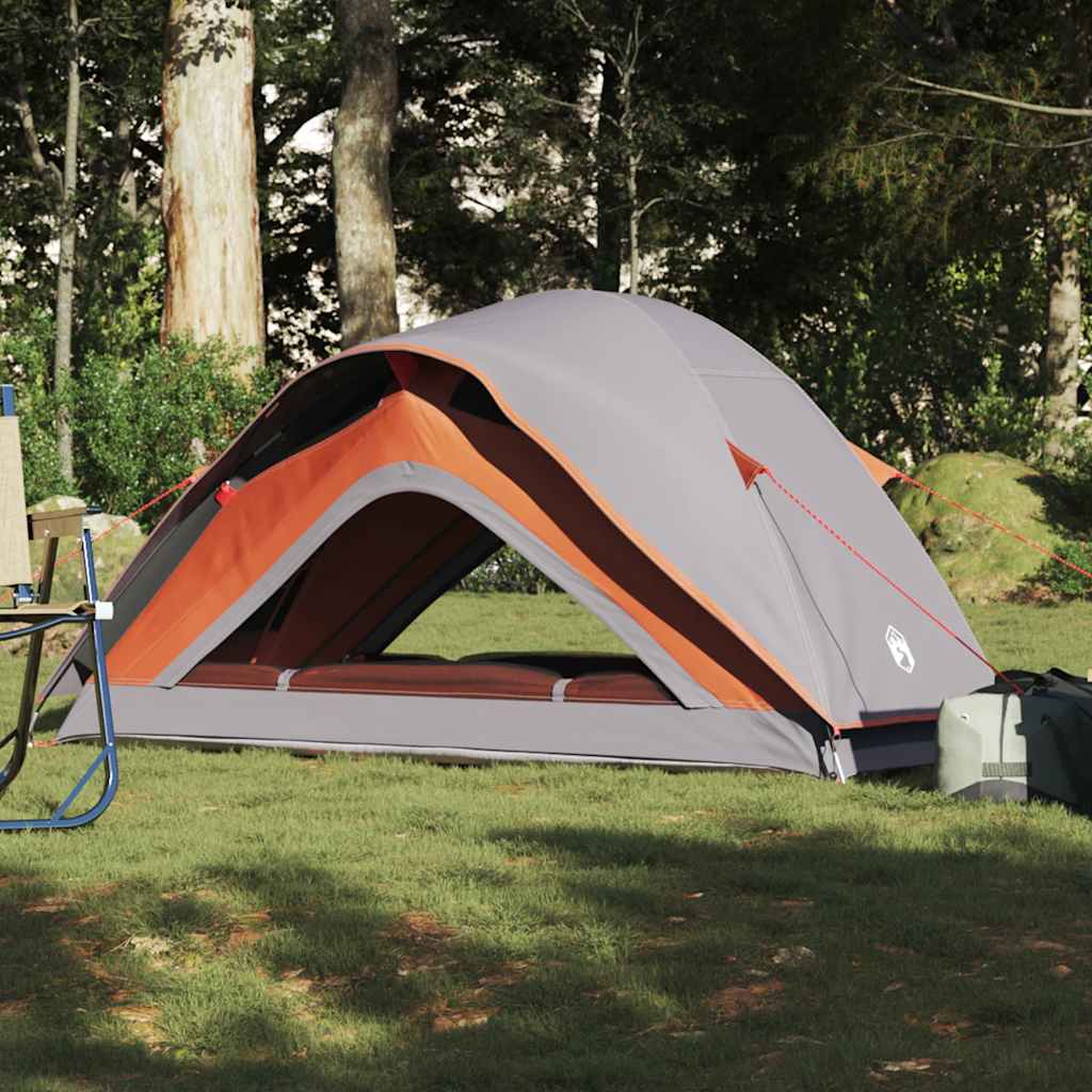 Detail van de vidaXL tent in grijs en oranje, zijaanzicht met open ingang.