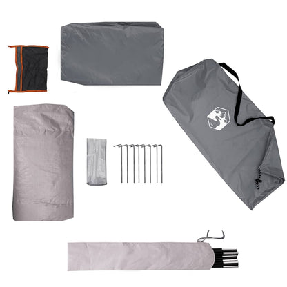 Detail van de grijze en oranje tentaccessoires, inclusief stokken en haringen van vidaXL.