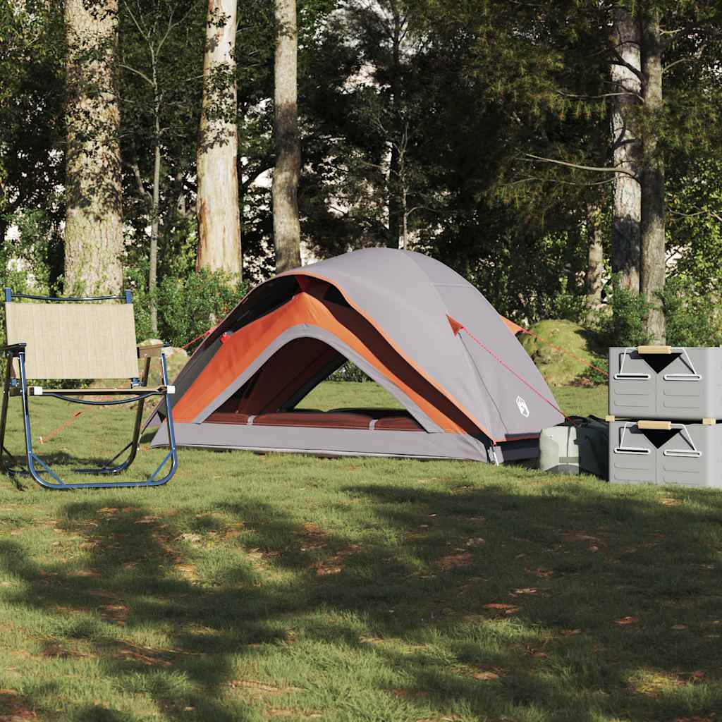 VidaXL 1-persoons tent in grijs en oranje, waterdicht en lichtgewicht, op grasveld.