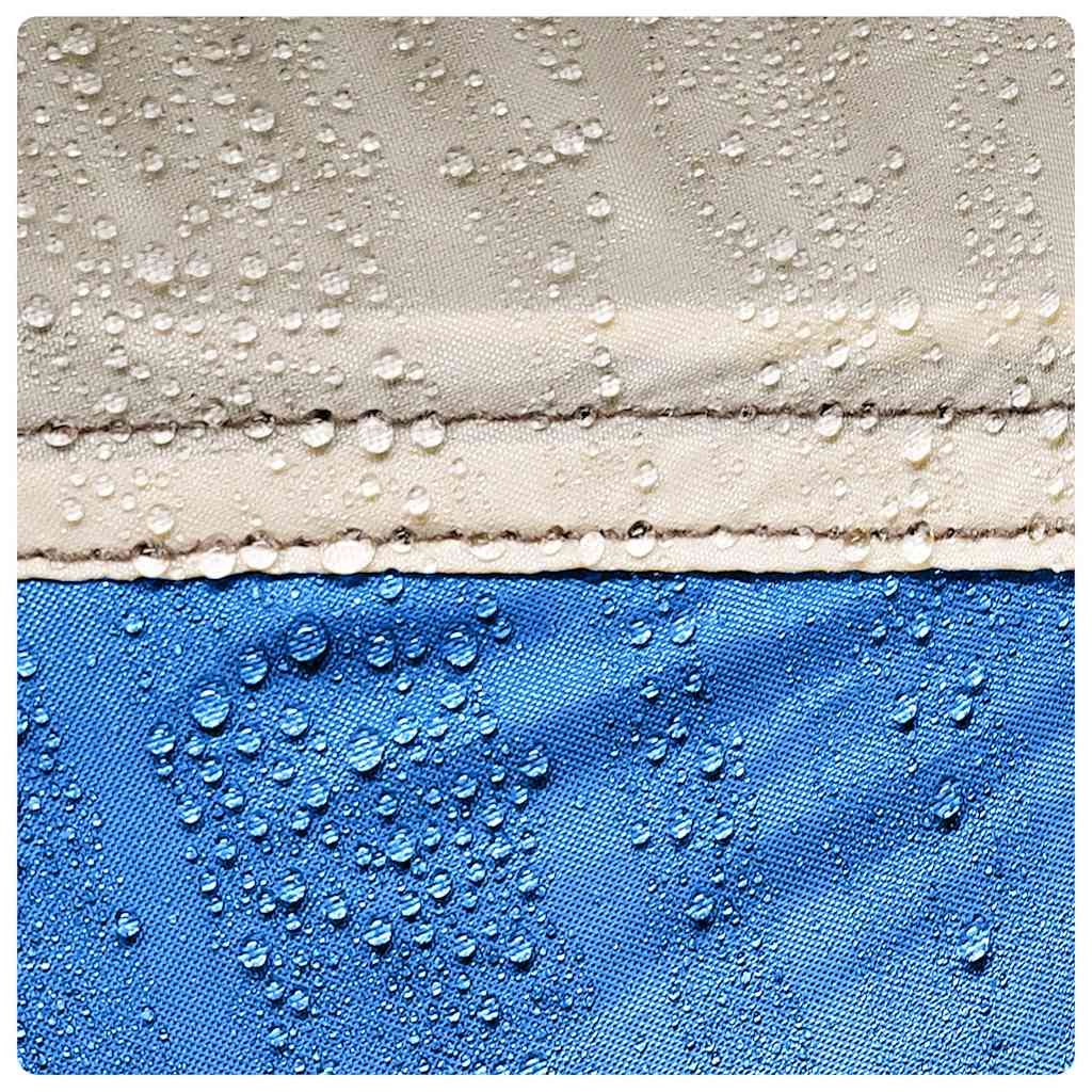 Detail van de waterdichte stof van de vidaXL partytent in azuurblauw met regendruppels.