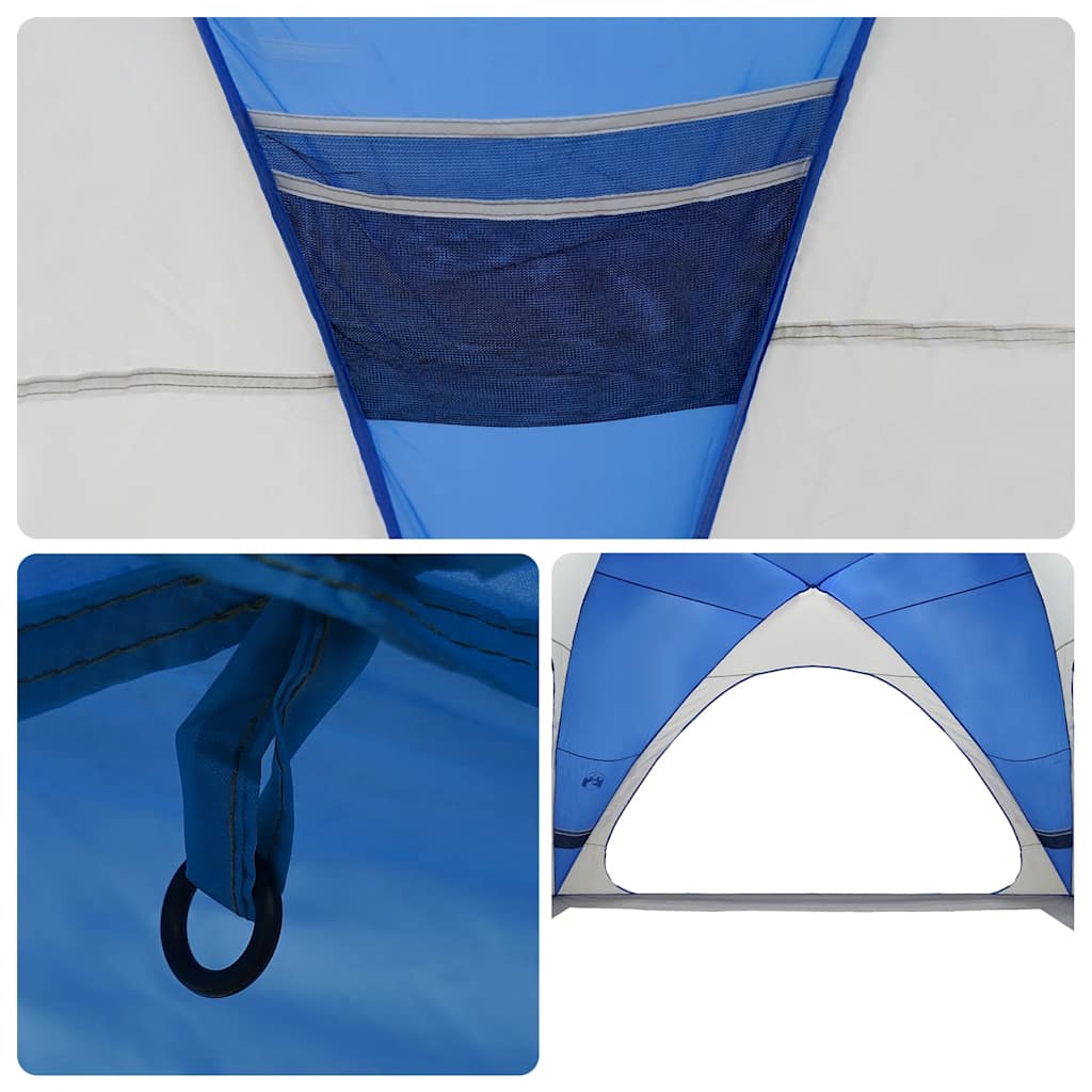 Detail van de azuurblauwe vidaXL partytent met opbergvak en bevestigingsring.
