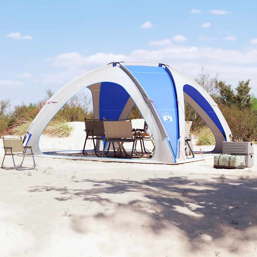 Azuurblauwe vidaXL partytent, waterdicht en eenvoudig op te zetten, opgesteld op het strand.