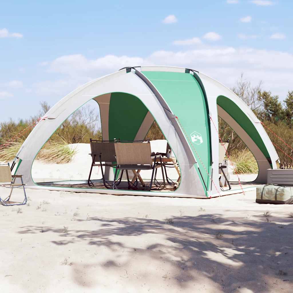 Detail van de zeegroene vidaXL partytent met opgezette schaduwruimte en meubels.